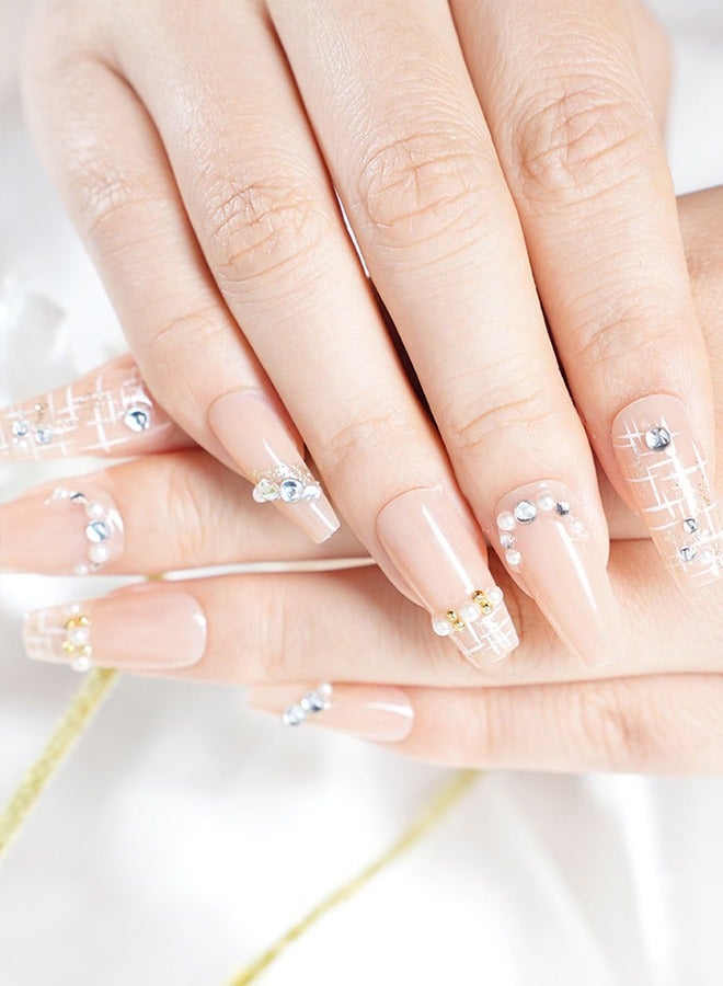 24 قطعة من لصقات فن الأظافر اللاصقة، تأتي مع أدوات فن الأظافر، أظافر لؤلؤية فاتحة اللون شديدة التحمل، نماذج متنوعة تناسب جميع الأذواق، لصقات مريحة، صحية وآمنة. - Image 5