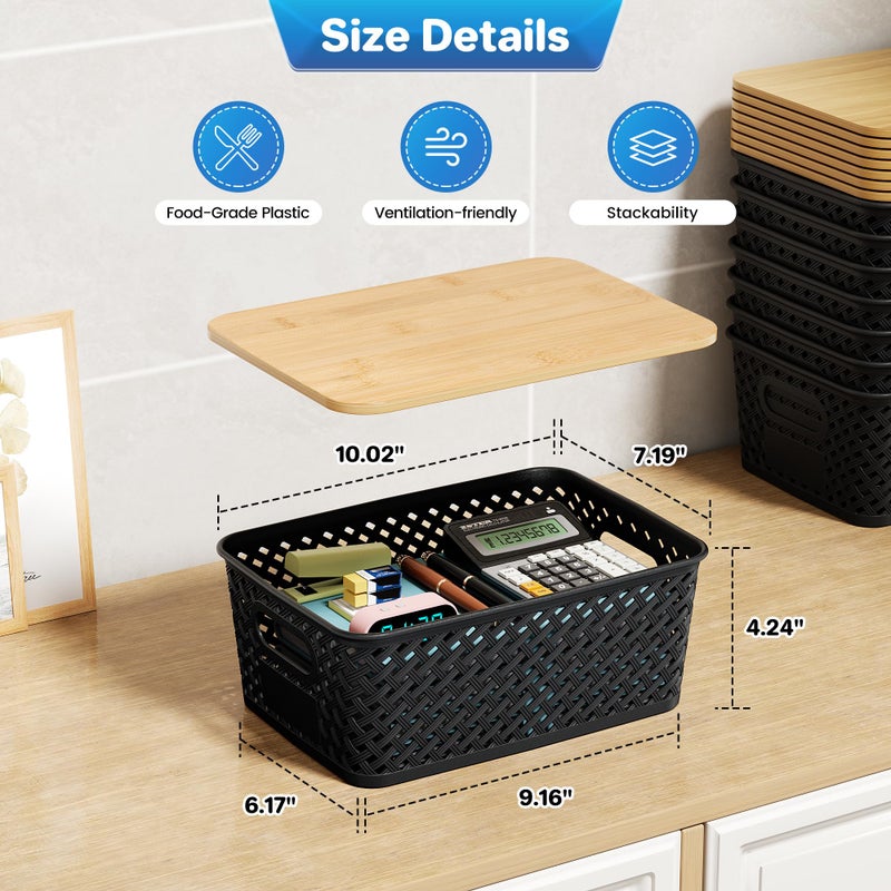 Anysig 8 Packs Plastic Storage Bins with Bamboo Lids - Stackable Storage Bins Decorative Small Basket Containers for Organizing Shelves Office Classroom Desktop Closet, Black - Image 2