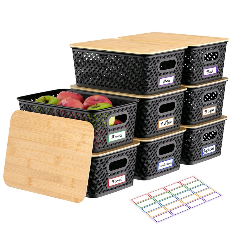 Anysig 8 Packs Plastic Storage Bins with Bamboo Lids - Stackable Storage Bins Decorative Small Basket Containers for Organizing Shelves Office Classroom Desktop Closet, Black - Image 1