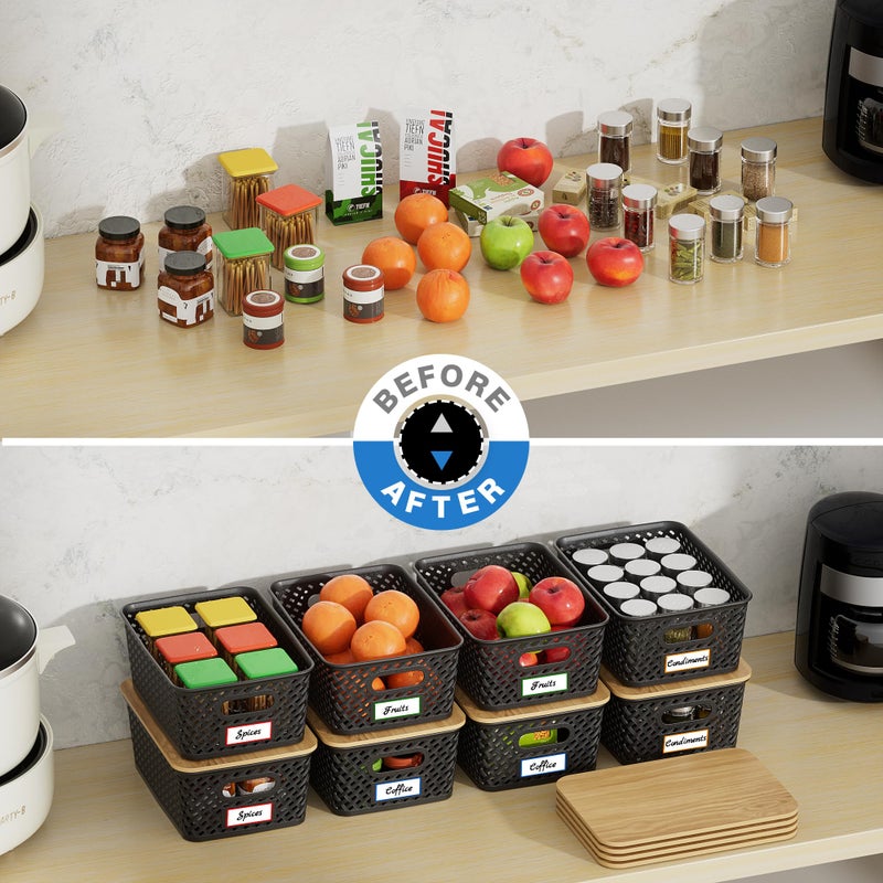 Anysig 8 Packs Plastic Storage Bins with Bamboo Lids - Stackable Storage Bins Decorative Small Basket Containers for Organizing Shelves Office Classroom Desktop Closet, Black - Image 4