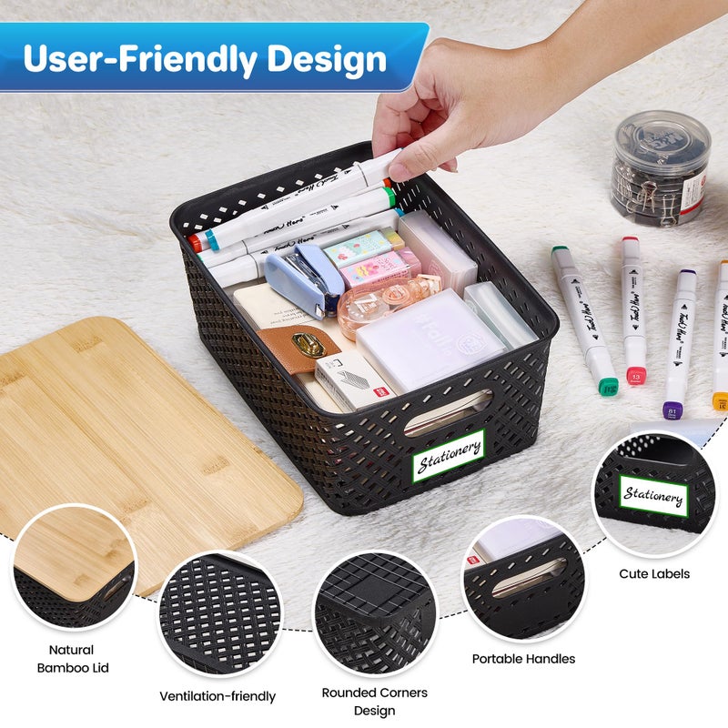 Anysig 8 Packs Plastic Storage Bins with Bamboo Lids - Stackable Storage Bins Decorative Small Basket Containers for Organizing Shelves Office Classroom Desktop Closet, Black - Image 3