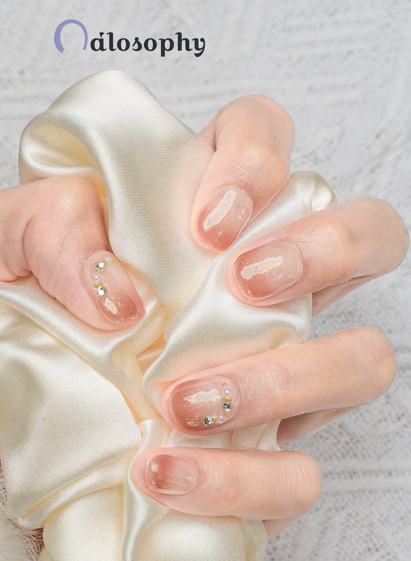 Nailosophy 10 Pcs Handmade Gel Press On Nails Short Oval Nude Peach Ombre Rhinestone Reusable False Nails Nail Kit for Women Daily Wear Office Wedding Eid - Image 1