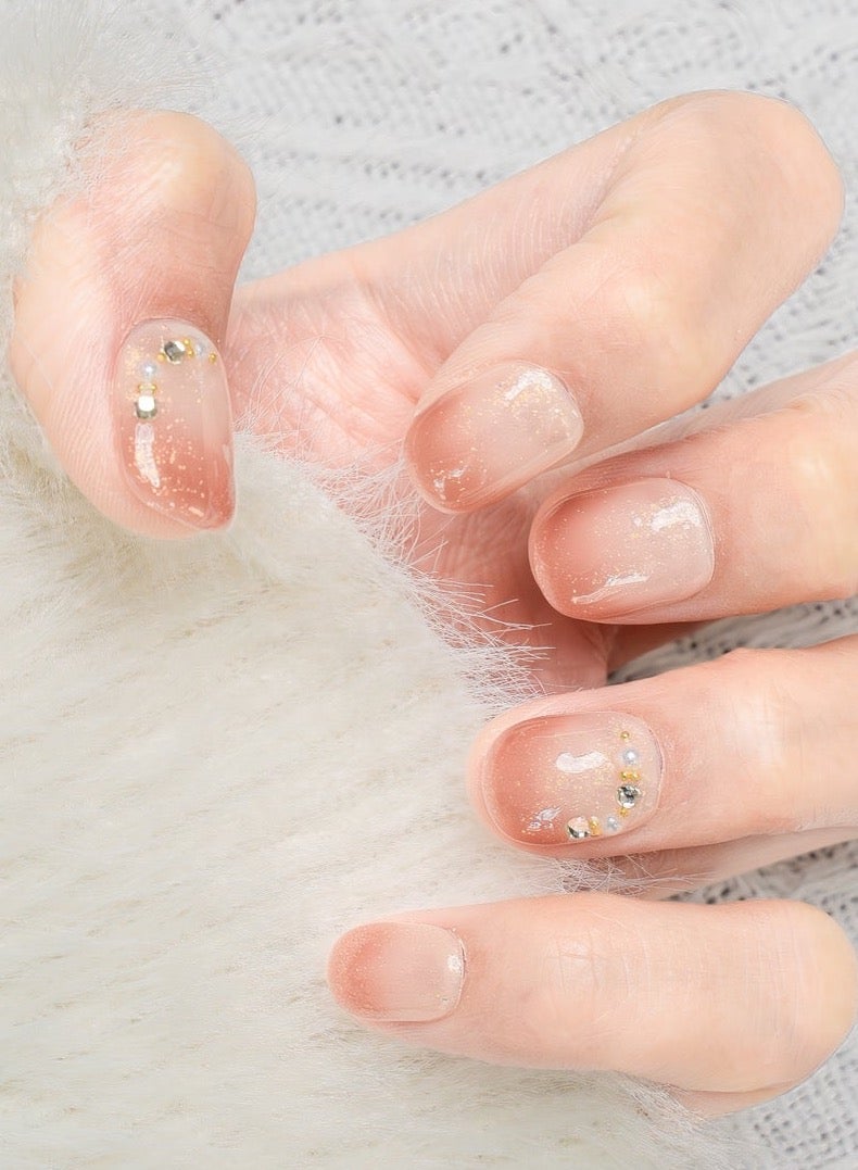 Nailosophy 10 Pcs Handmade Gel Press On Nails Short Oval Nude Peach Ombre Rhinestone Reusable False Nails Nail Kit for Women Daily Wear Office Wedding Eid - Image 2