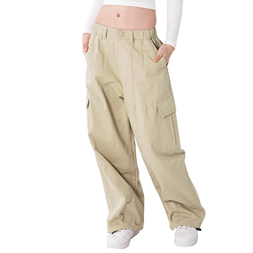Rolanko Girls Cargo Pants Wide Leg Streetwear Kids Pants with Pockets Trendy Jogger Trousers Beige 1214