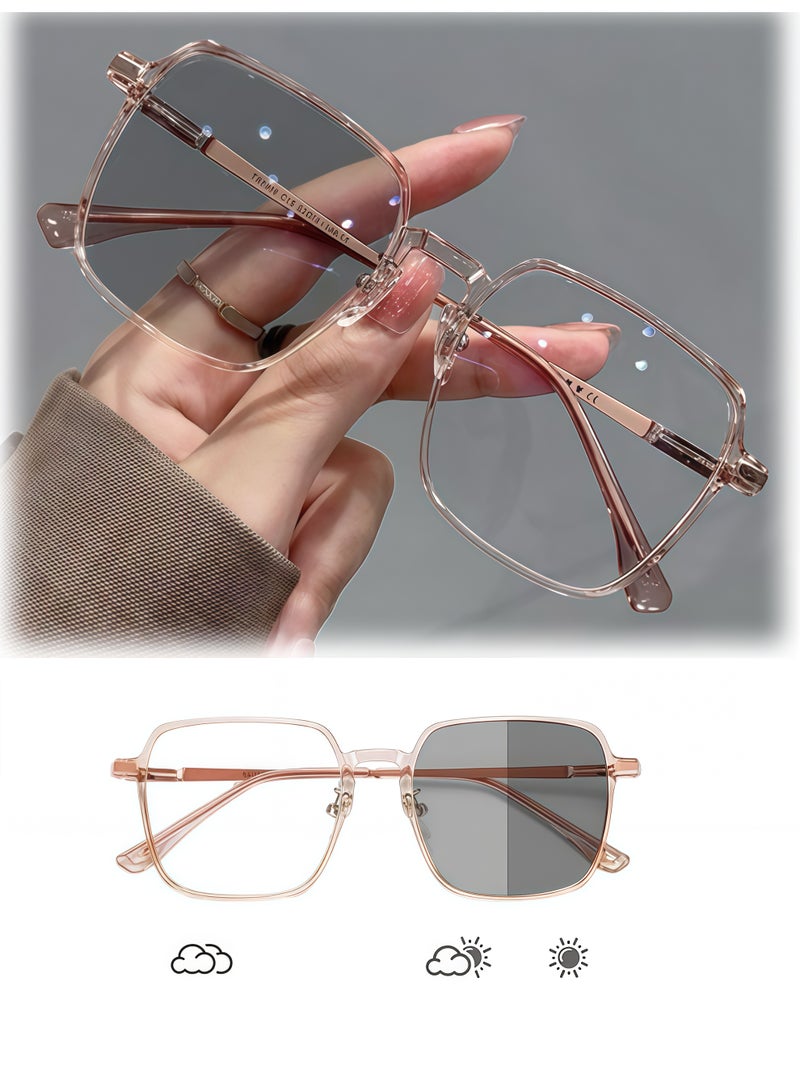 Photochromic HD Clear PC Lens Glasses - Cold Tea Square Frame (Turns Gray in Sunlight), All-in-One Stylish Eyewear for Indoor/Outdoor - Image 1