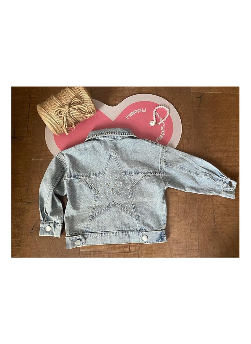 Generic - Girl's Denim Jacket Children's Fashionable Star Studded Button Front Collar Shoulder Length Sleeve Outerwear(2-9 Y) - Image 1