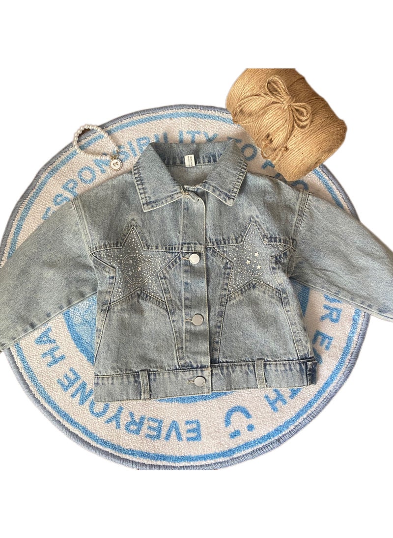 Generic - Girl's Denim Jacket Children's Fashionable Star Studded Button Front Collar Shoulder Length Sleeve Outerwear(2-9 Y) - Image 1