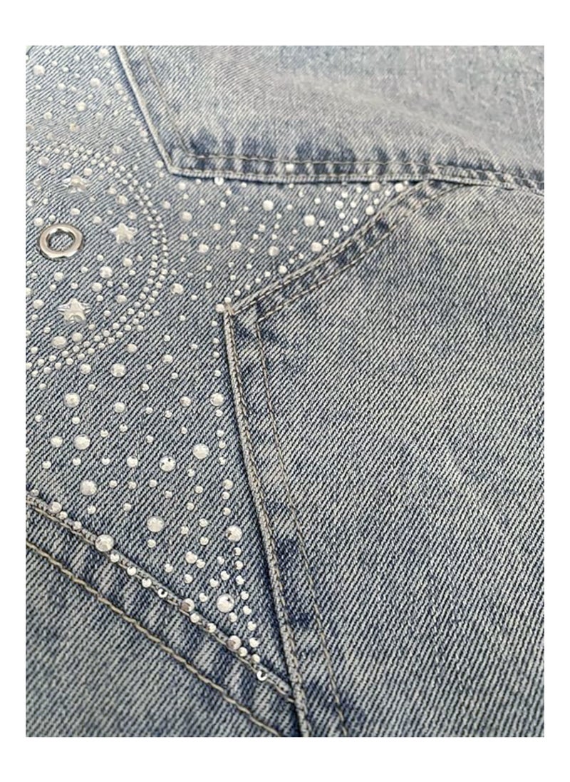 Generic - Girl's Denim Jacket Children's Fashionable Star Studded Button Front Collar Shoulder Length Sleeve Outerwear(2-9 Y) - Image 1