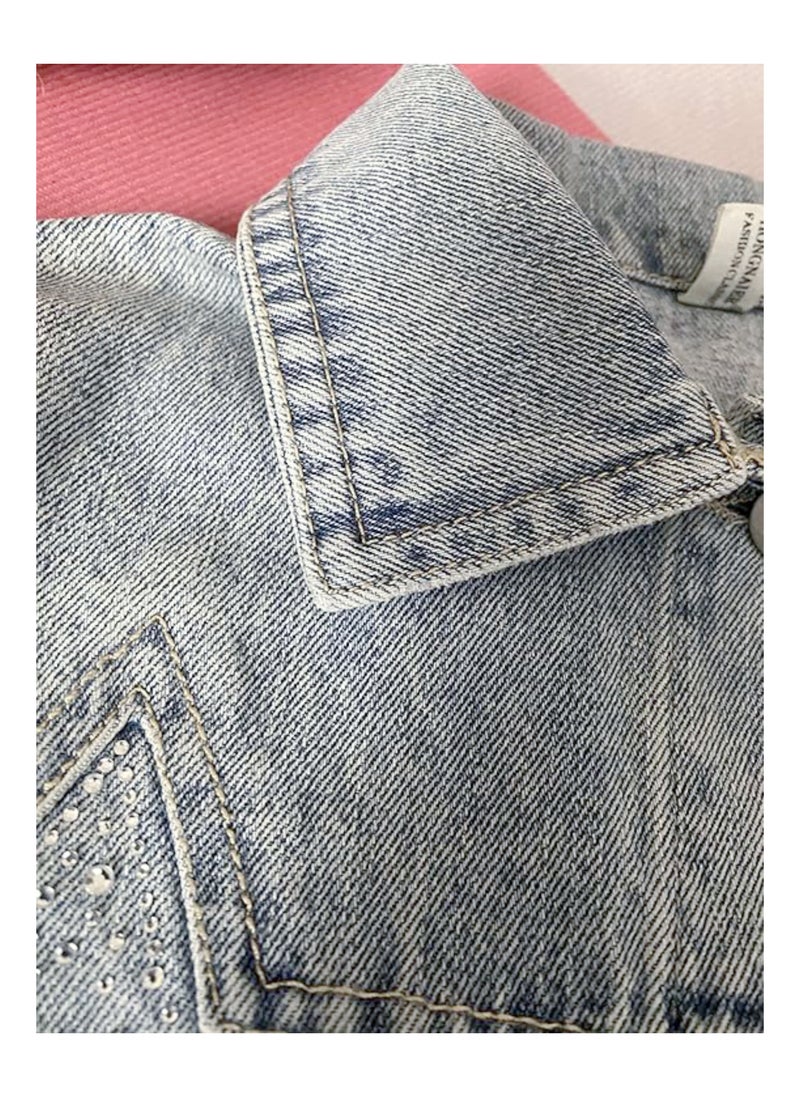 Generic - Girl's Denim Jacket Children's Fashionable Star Studded Button Front Collar Shoulder Length Sleeve Outerwear(2-9 Y) - Image 1