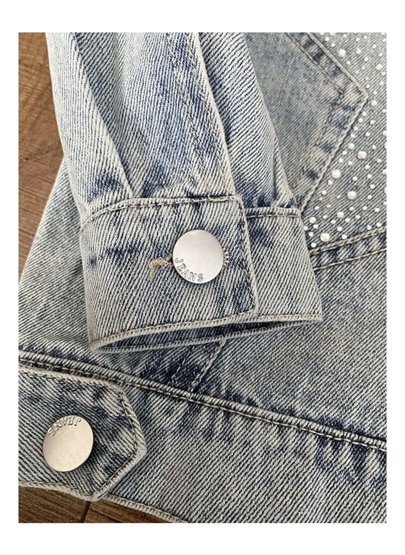Generic - Girl's Denim Jacket Children's Fashionable Star Studded Button Front Collar Shoulder Length Sleeve Outerwear(2-9 Y) - Image 1