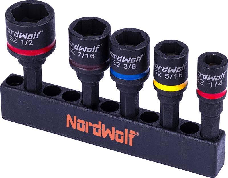 NordWolf 5-Piece SAE Nut Driver Set, S2 Steel Impact Magnetic Nut Setters, Imperial Sizes 1/4"-5/16"-3/8"-7/16"-1/2" - Image 1
