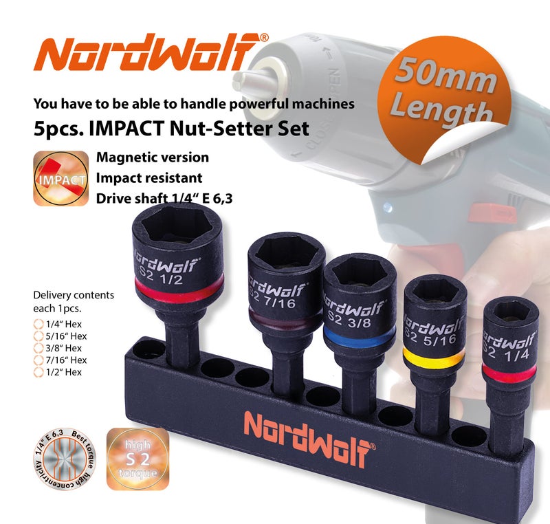NordWolf 5-Piece SAE Nut Driver Set, S2 Steel Impact Magnetic Nut Setters, Imperial Sizes 1/4"-5/16"-3/8"-7/16"-1/2" - Image 2