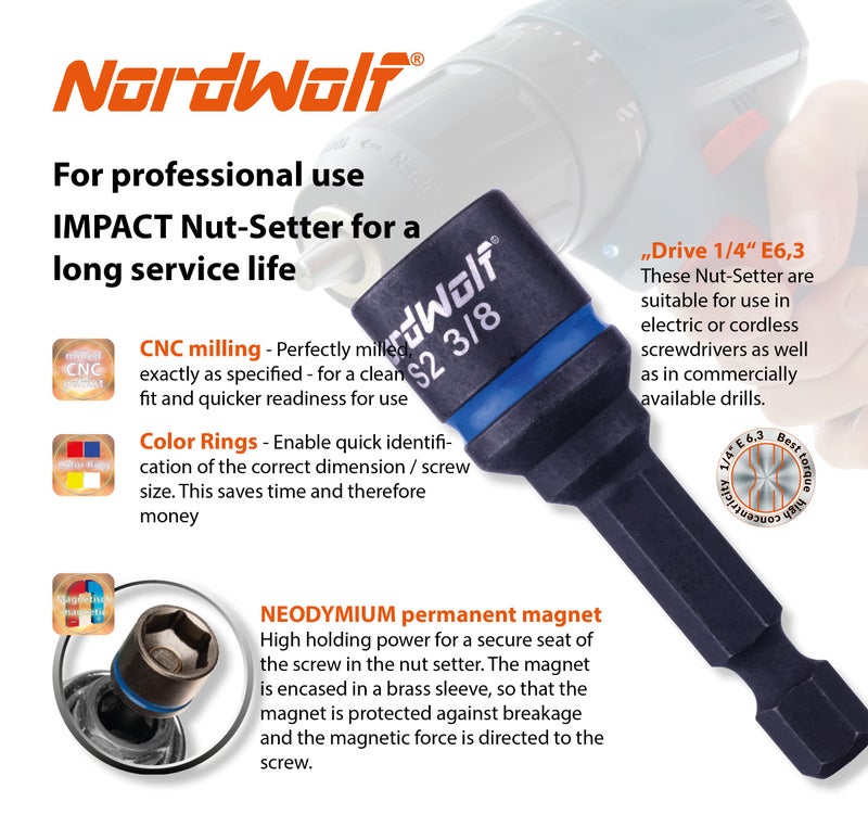 NordWolf 5-Piece SAE Nut Driver Set, S2 Steel Impact Magnetic Nut Setters, Imperial Sizes 1/4"-5/16"-3/8"-7/16"-1/2" - Image 4