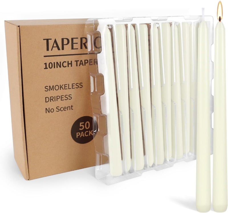 Grcdoyvl 50 Pack Ivory Taper Candles 10 Inch - Classic Soft White Dinner Candles, Dripless Unscented Premium Wax with Cotton Wick, 8-Hour Burn Time for Wedding, Vintage & Formal Table Decor - Image 2