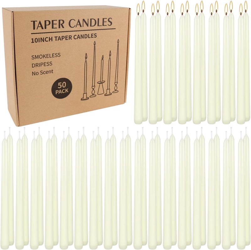 Grcdoyvl 50 Pack Ivory Taper Candles 10 Inch - Classic Soft White Dinner Candles, Dripless Unscented Premium Wax with Cotton Wick, 8-Hour Burn Time for Wedding, Vintage & Formal Table Decor - Image 1