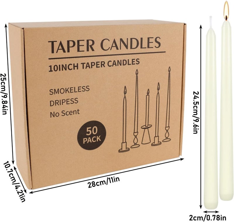 Grcdoyvl 50 Pack Ivory Taper Candles 10 Inch - Classic Soft White Dinner Candles, Dripless Unscented Premium Wax with Cotton Wick, 8-Hour Burn Time for Wedding, Vintage & Formal Table Decor - Image 3