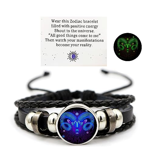 Aktully Zodiac Signs Spirit Bracelet Zodiac Bracelet for Women Men Adjustable 12 Constellation Bracelet Multilayer Zodiac Black Leather Bracelets Zodiac Sign Wrap Bracelet for Women Men Birthday Jewelry (Aries) - Image 1
