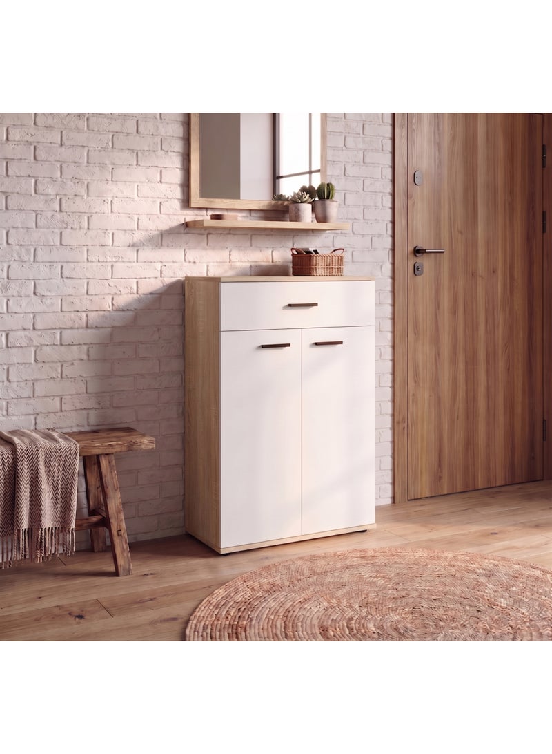 Furniture Store Modern shoe rack/shoe cabinet with a wide drawer and 5 shelves, MDF, in light wood color with white, high-quality finish, from Furniture Store. - Image 1