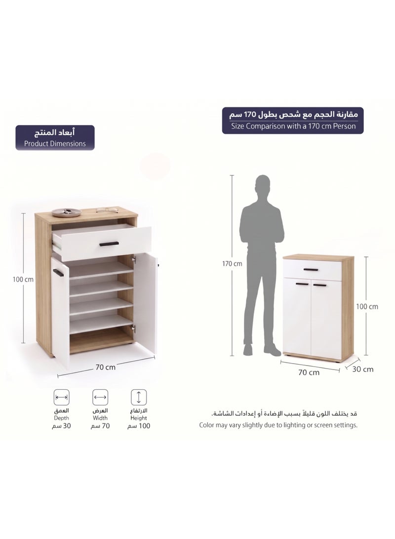 Furniture Store Modern shoe rack/shoe cabinet with a wide drawer and 5 shelves, MDF, in light wood color with white, high-quality finish, from Furniture Store. - Image 2