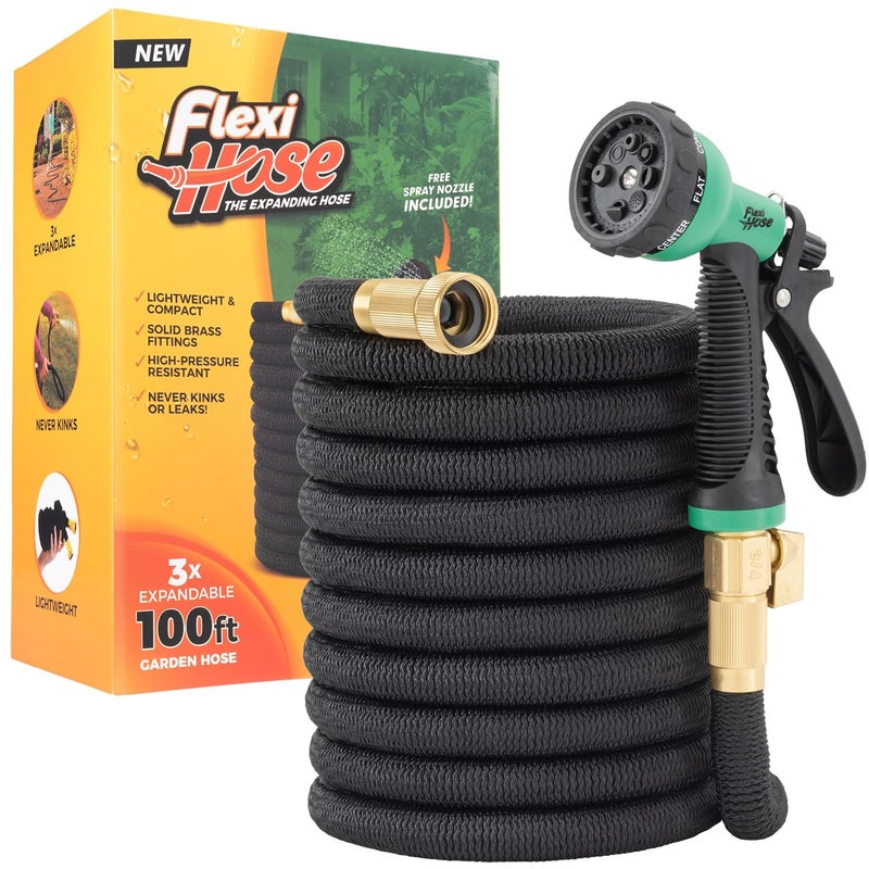 Flexi Hose Expandable Garden Hose with 8 Function Nozzle, 100FT - Lightweight Retractable Garden Hose, Water Hose - No-Kink Flexibility, 3/4 Inch Solid Brass Fittings and Double Latex Core - Image 1