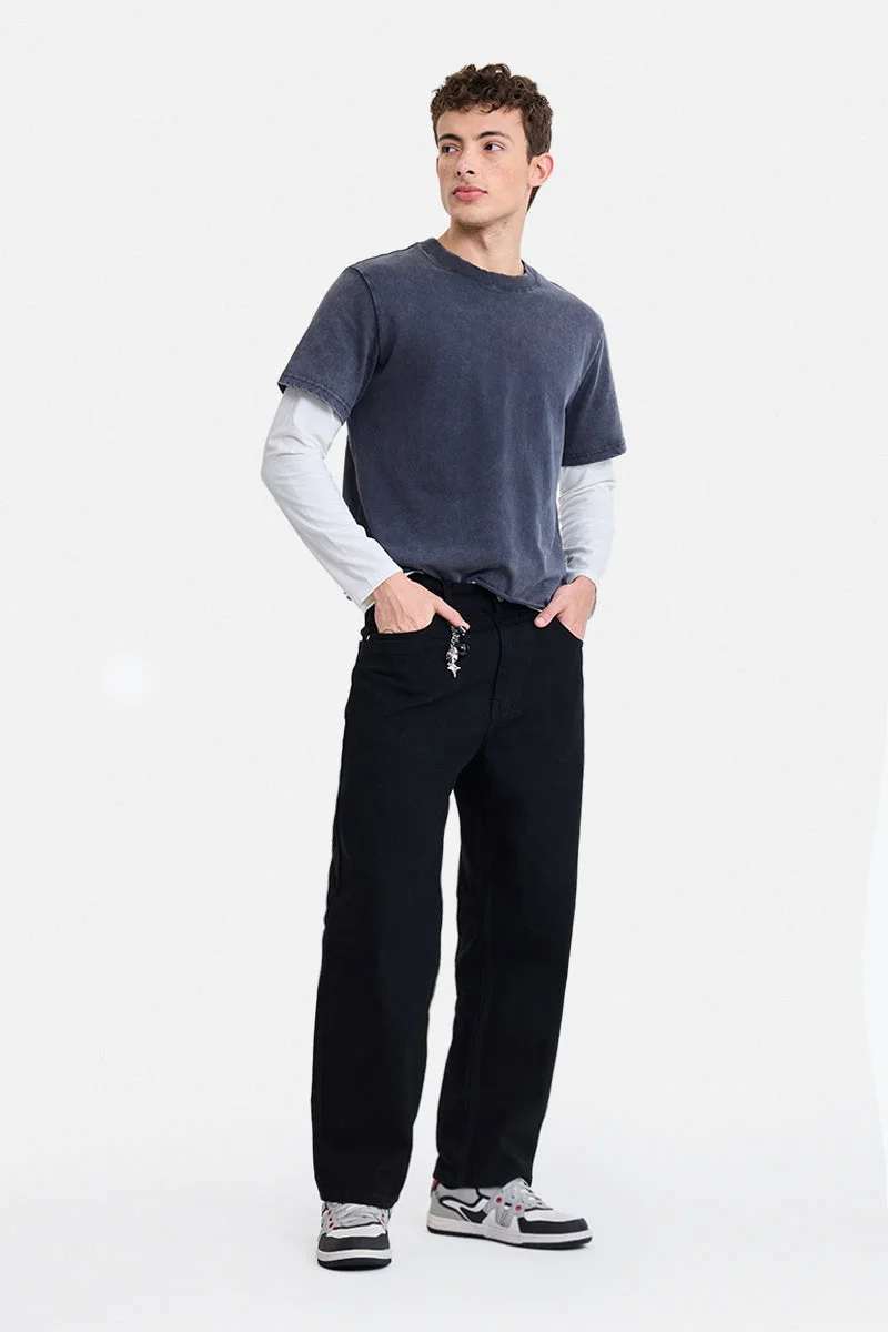 سنيتش Black Solid Loose Fit Streetwear Jeans