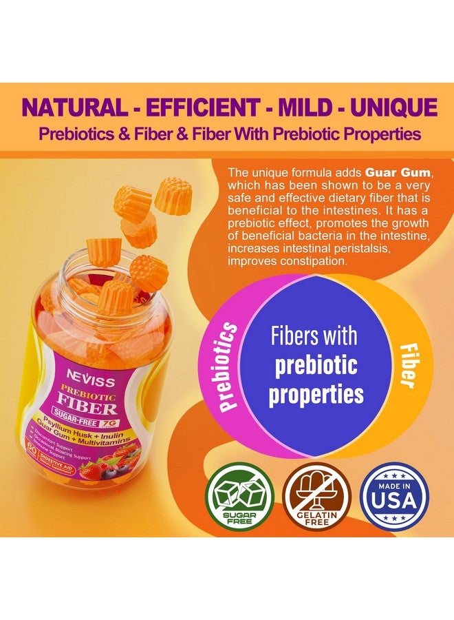 NEVISS Fiber Gummies with Probiotics for Adults, 7G Soluble Fi ber + Insoluble Fi ber, Sugar Free with Psyllium Husk, Inulin, Fos, Multivitamins for Daily Digestive Health, Regularity Gut Support, Pack of 2 - Image 4
