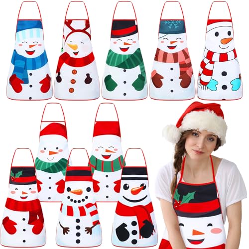 Toulite 10 Pcs Snowman Winter Apron Adjustable Kitchen Cooking Aprons BBQ Bib Funny Chef Apron for Women Men - Image 1