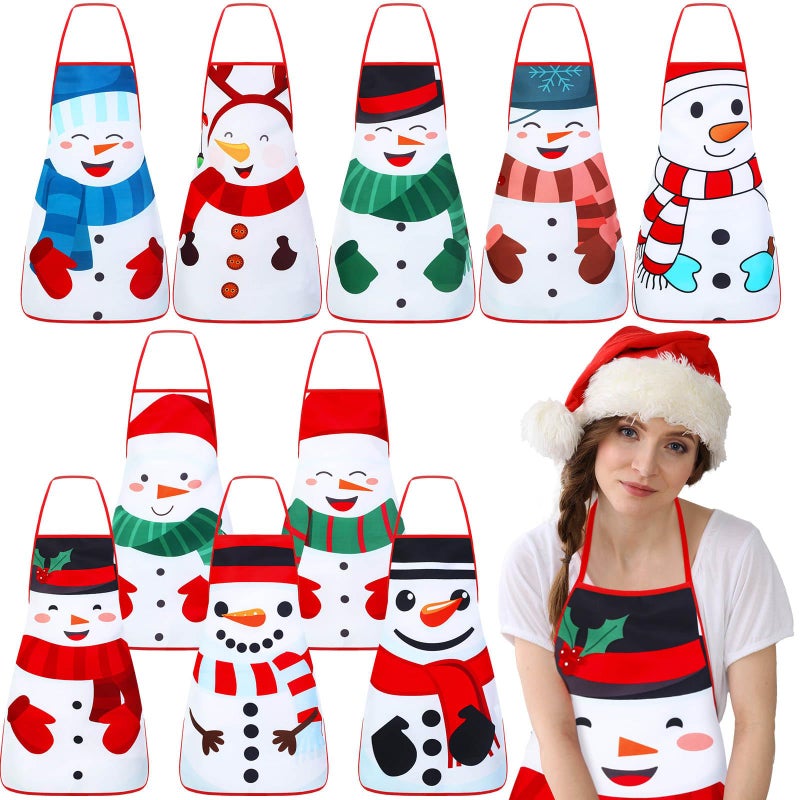 Toulite 10 Pcs Snowman Winter Apron Adjustable Kitchen Cooking Aprons BBQ Bib Funny Chef Apron for Women Men - Image 2