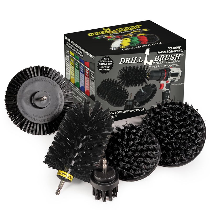 Drill Brush Power Scrubber by Useful Products  5 Piece Black Drillbrush Ultra Stiff Cleaning Brushes Set  Non Metal Grill Brush Attachment Kit for Cordless Drill  Nylon Grill Grate Cleaner Brushes