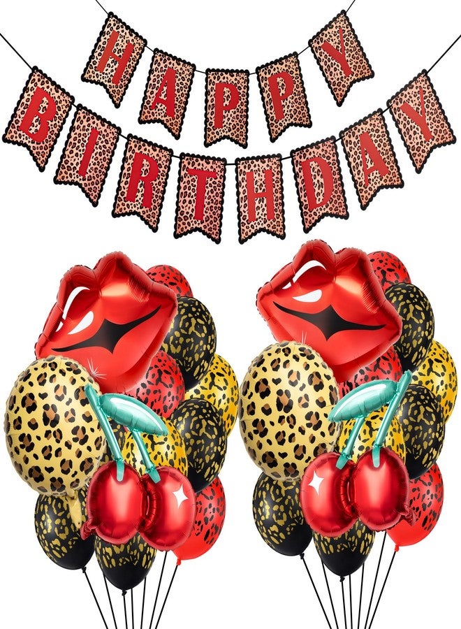Realspring 30-piece Cheetah & Cherry Birthday Decorations for Women and Girls, Leopard Print Happy Birthday Banner, Red & Black Cheetah Balloons, Bold Wild Glam Party Decor - Image 1