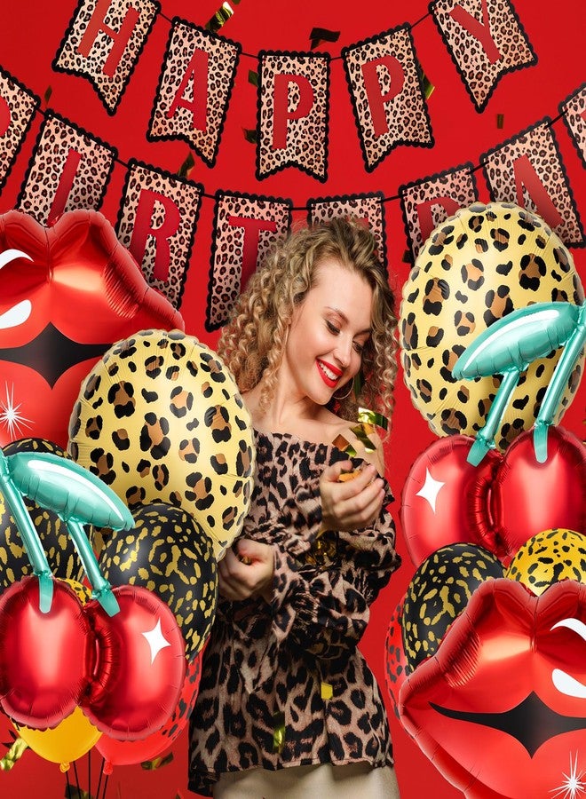 Realspring 30-piece Cheetah & Cherry Birthday Decorations for Women and Girls, Leopard Print Happy Birthday Banner, Red & Black Cheetah Balloons, Bold Wild Glam Party Decor - Image 3