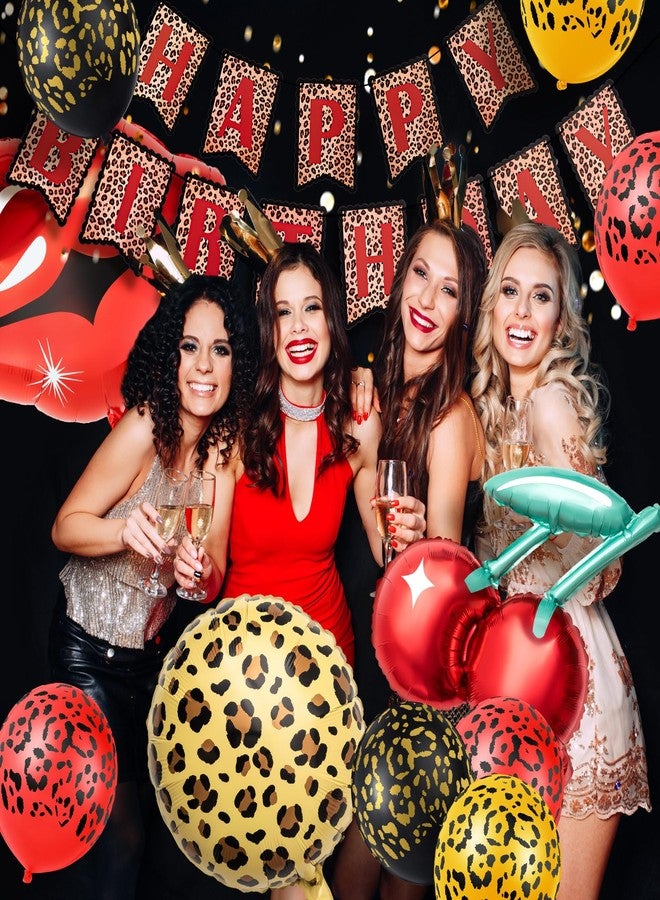 Realspring 30-piece Cheetah & Cherry Birthday Decorations for Women and Girls, Leopard Print Happy Birthday Banner, Red & Black Cheetah Balloons, Bold Wild Glam Party Decor - Image 2