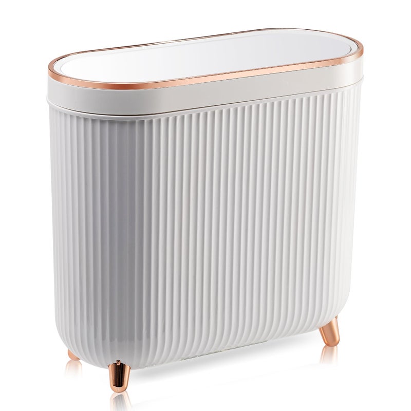Supteron Bathroom Trash Can with Lid 3.2 Gallon Narrow Trash Can Small Plastic Trash Bin 12 Liter Rectangular Plastic Garbage Can with Press Type Lid for Bedroom Bathroom Milk White - Image 1