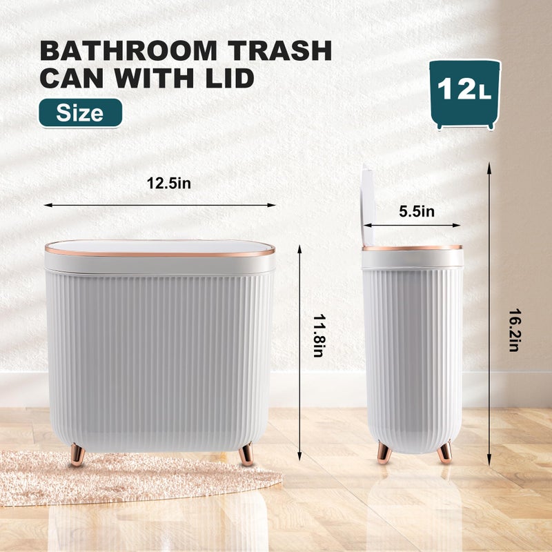 Supteron Bathroom Trash Can with Lid 3.2 Gallon Narrow Trash Can Small Plastic Trash Bin 12 Liter Rectangular Plastic Garbage Can with Press Type Lid for Bedroom Bathroom Milk White - Image 2