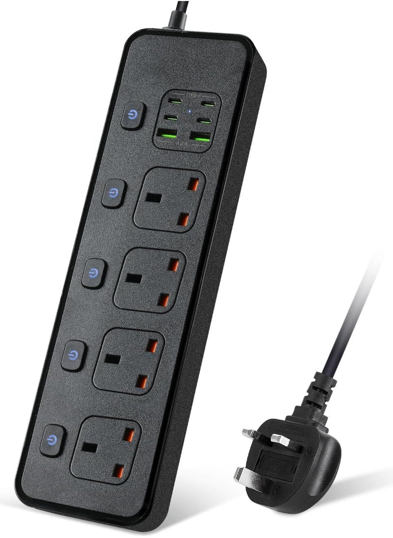 SMARTX Power Strip With Individual Switch, 6ft Extension Cord, 4 Outlets Surge Protector, 2 USB and 4 USB C Ports, Multiple Outlets Extender with 2M Bold Extension Cord for Office, Home & Travel Use, Black  - Image 1