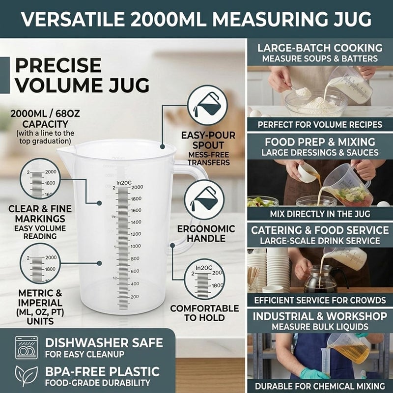 Cuisine Art كوزين آرت 2000 مل PP إبريق قياس بلاستيكي – خالي من BPA، بيكر أبيض مدرج مع مقبض وفوهة سكب سهلة للمطبخ والخبز والطهي والقهوة والمختبر وHORECA – سعة 68oz - Image 5