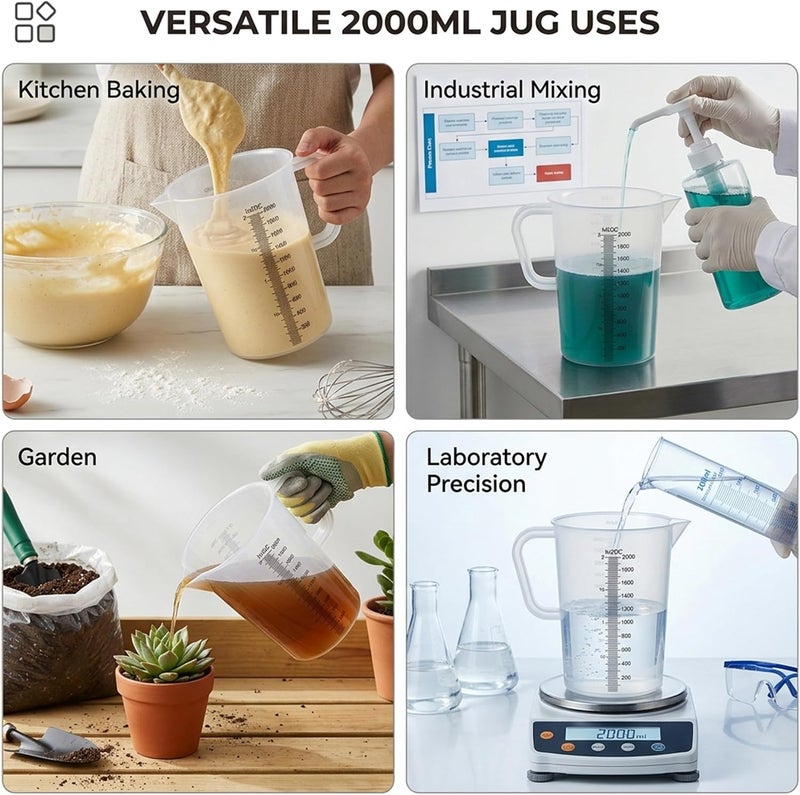 Cuisine Art كوزين آرت 2000 مل PP إبريق قياس بلاستيكي – خالي من BPA، بيكر أبيض مدرج مع مقبض وفوهة سكب سهلة للمطبخ والخبز والطهي والقهوة والمختبر وHORECA – سعة 68oz - Image 4