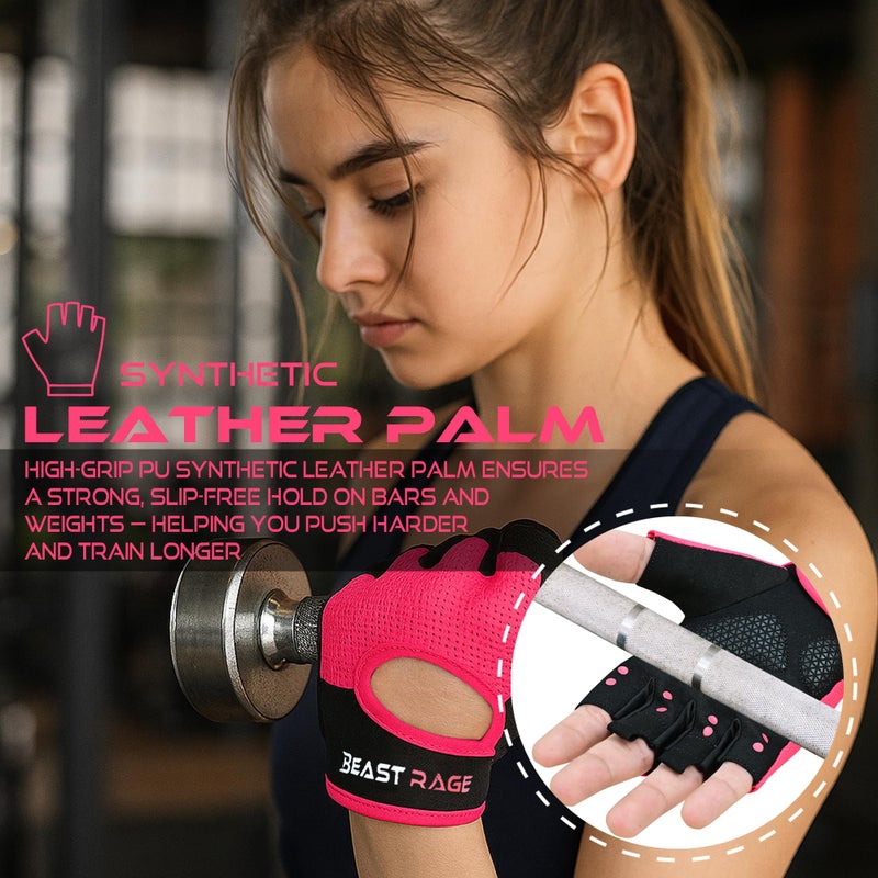 BEAST RAGE Workout Gloves for Men Gym Gloves for Weightlifting Women Fingerless with Palm Protection Padding, Breathable and Lightweight Weight Lifting Glove Cycling Pull Up (Magenta, M) - Image 3