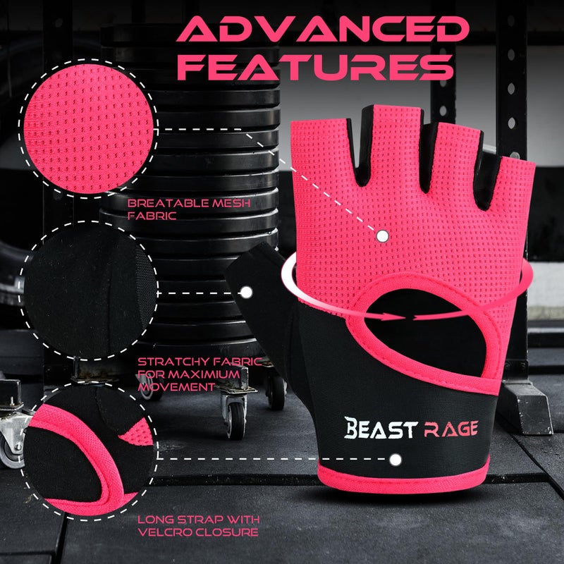 BEAST RAGE Workout Gloves for Men Gym Gloves for Weightlifting Women Fingerless with Palm Protection Padding, Breathable and Lightweight Weight Lifting Glove Cycling Pull Up (Magenta, M) - Image 4