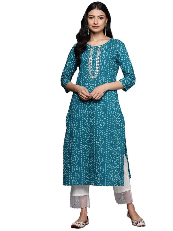 Varanga Women's Cotton Kurta (VKUR1103_Turquoise Blue - Image 1