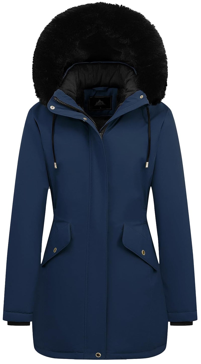 MOERDENG Womens Long Winter Down Coat Thicken Fleece Lined Parka Warm Puffer Jacket With Faux Fur Detachable Hood