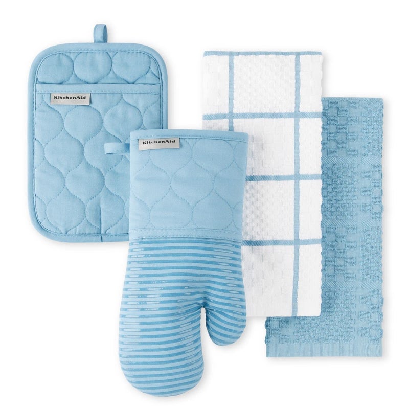 KITCHENAID Quilted Cotton Terry Cloth Oven Mitt, Pot Holder, Kitchen Towel 4-Pack Set, Heat Resistant, Silicone Grip, Gift Set, Blue Velvet, 16"x26", 7"x13" & 7"x10" - Image 1