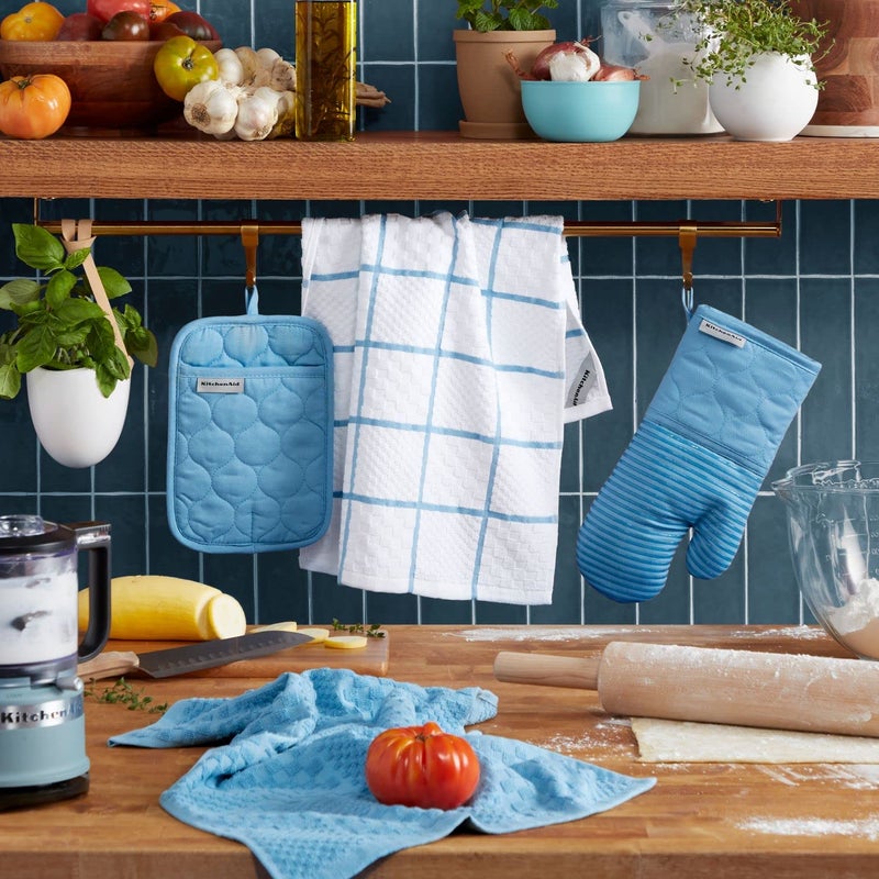KITCHENAID Quilted Cotton Terry Cloth Oven Mitt, Pot Holder, Kitchen Towel 4-Pack Set, Heat Resistant, Silicone Grip, Gift Set, Blue Velvet, 16"x26", 7"x13" & 7"x10" - Image 2