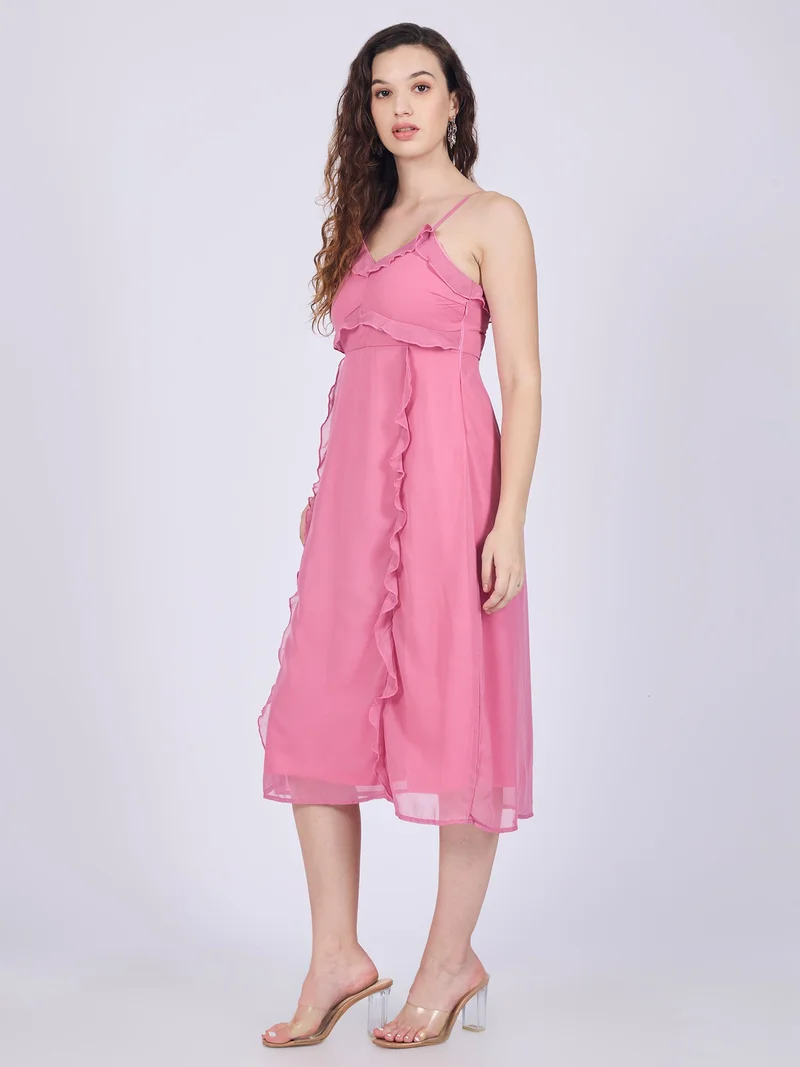 Outzidr pink Pink Printed Ruffle Midi Dress for Women | Best Price UAE