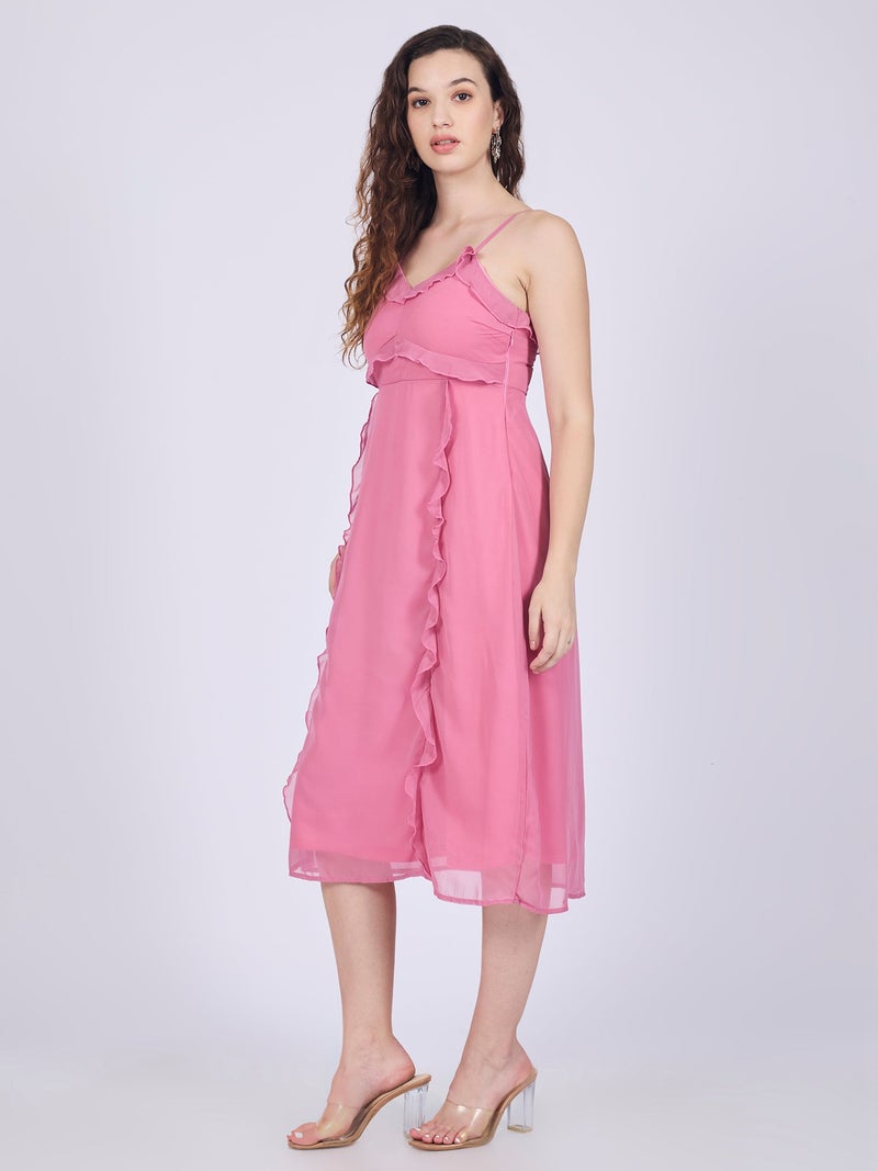 OUTZIDR Pink Printed Ruffle Midi Dress - Image 3