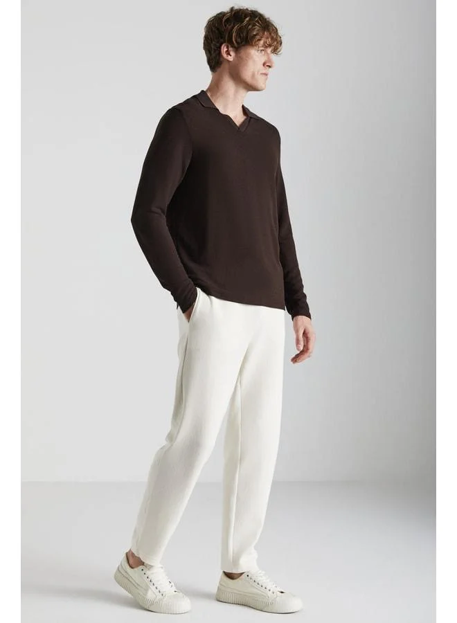 GRIMELANGE Berthola Men's Patterned Fabric Regular Fit Ottoman Quality Organic Cotton Beige Jogger Pants.