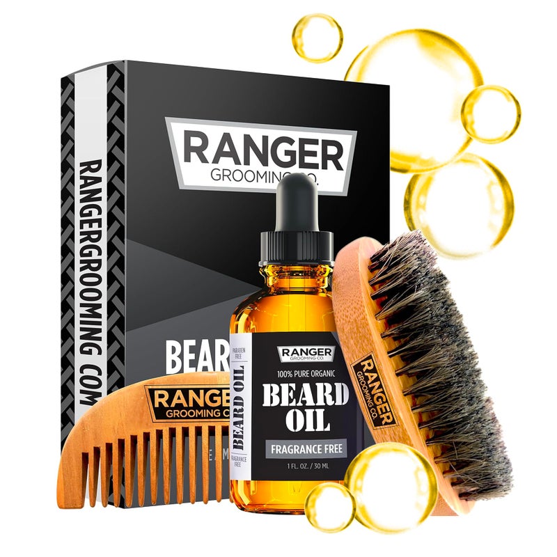 Leven Rose Beard Kit by Ranger Grooming Company by Leven Rose, 100% Organic Natural Fragrance Free Unscented Beard Oil, Boar Bristle Beard Brush, Natural Wood Comb Beard Care Starter Set for Men - Image 1