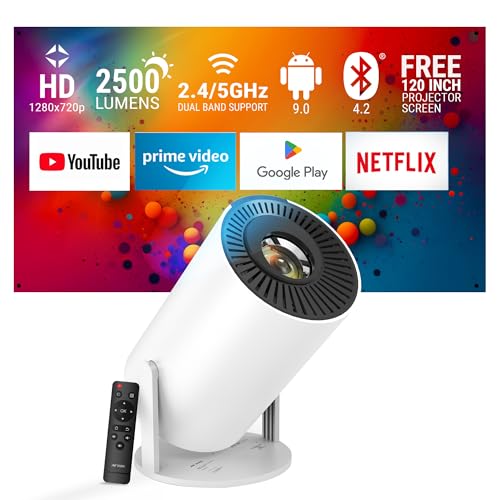 Ant Esports View 521 Smart LED Projector - White | 1080P & 4K Support I 2500 Lumens I WiFi +BT, Android 9 I HDMI/USB I Upto 130"(330cm) Max Screen I Speaker Power 3W I 720P Native Included 120" Screen - Image 1