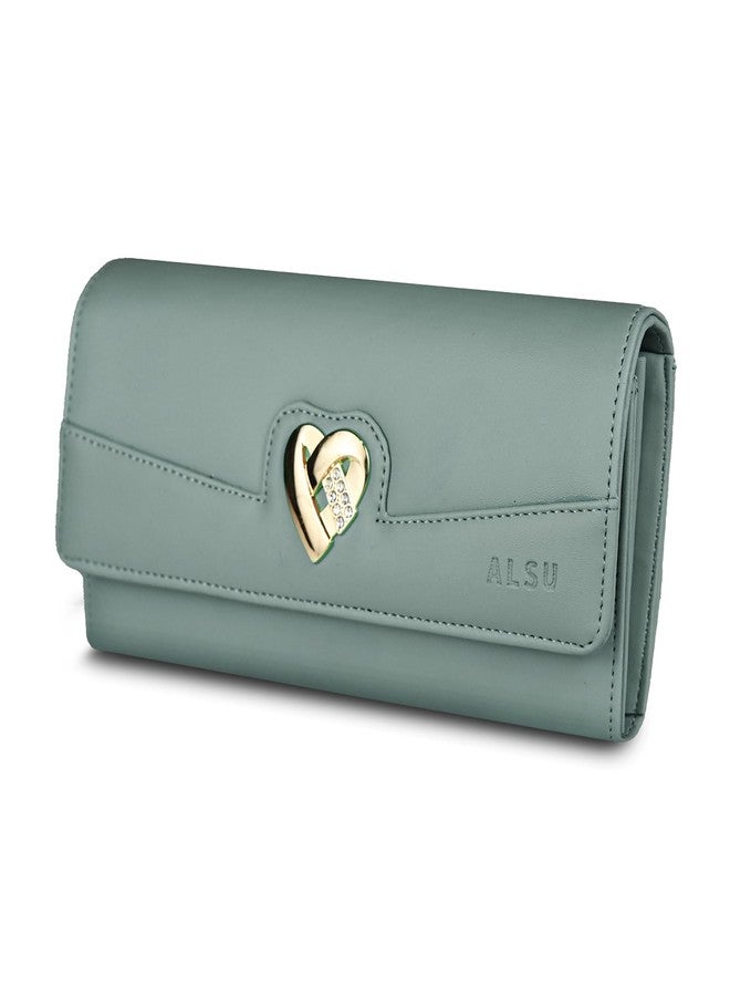 ALSU Women's Hand Wallet Purse Clutch | Phone Slots | Coin Pocket | 4 Card Slots| Zip Pocket| Trendy| Party use| Casual use| Faux Leather| (Light Green) - Image 1