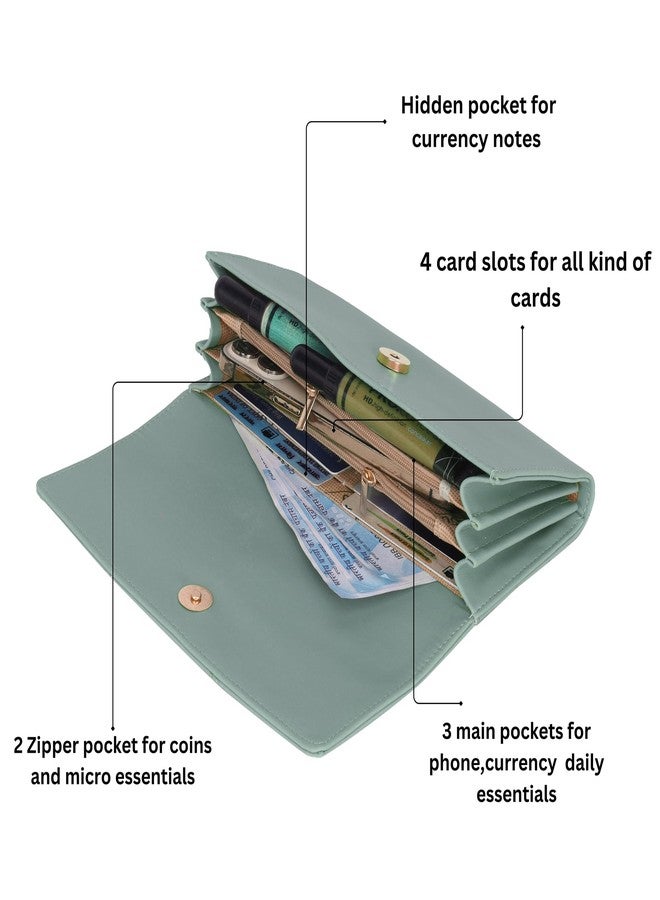ALSU Women's Hand Wallet Purse Clutch | Phone Slots | Coin Pocket | 4 Card Slots| Zip Pocket| Trendy| Party use| Casual use| Faux Leather| (Light Green) - Image 5